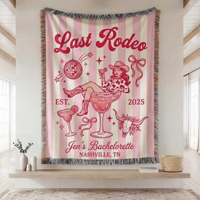 Custom Last Rodeo Woven Blanket, Cowgirl Bachelorette Throw, Disco Bridal Shower Throw Western Wedding Party Blanket - image 1
