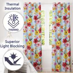 Tropical Hibiscus Bird Of Paradise Seamless Pattern Blue Background Readymade Eyelet Ring Top Thermal 100% Blackout Curtains - thumbnail 3