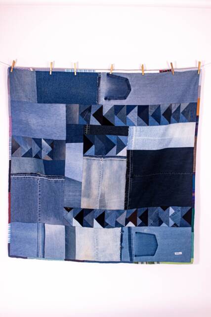 Modern Reversible Handmade Denim Flying Geese Patchwork Quilt, Table Cloth Throw Bed Blanket Wall Hanging Fiber Art Recycled Upcycled Custom - image 1