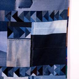 Modern Reversible Handmade Denim Flying Geese Patchwork Quilt, Table Cloth Throw Bed Blanket Wall Hanging Fiber Art Recycled Upcycled Custom - thumbnail 3