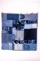 Modern Reversible Handmade Denim Flying Geese Patchwork Quilt, Table Cloth Throw Bed Blanket Wall Hanging Fiber Art Recycled Upcycled Custom