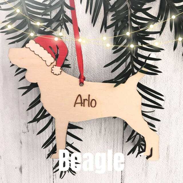 Personalised Beagle Christmas Ornament Hand-Painted Santa Hat, Engraved Wood - image 1