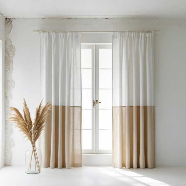 Two-Tone Linen Curtain Panel, White & Burlap, Custom Tab Top - image 1