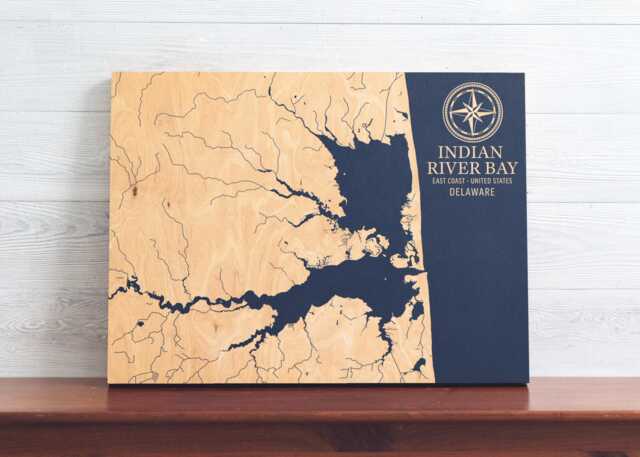 Indian River Bay, Delaware Map - Engraved Wood Coastal Wall Art Sign, Beach House Home Decor Nautical Print, Unique Personalized Gift - image 1