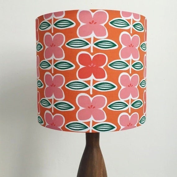 Lampshade, Lamp Shade, Retro Flower Lampshade, Floral Bright Botanical Orange & Red Lampshade