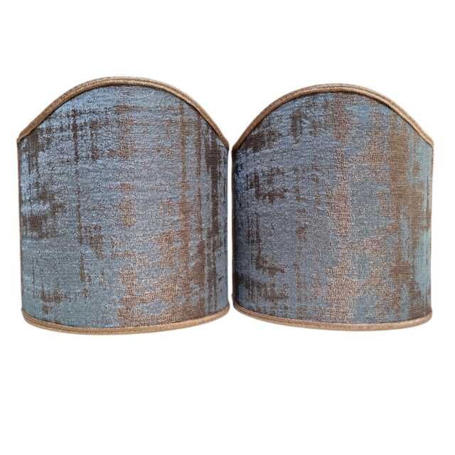 Pair Of Clip-On Shield Shades Aqua Blue & Gold Rubelli Venier Jacquard Fabric Mini Lampshade - Made in Italy - image 1