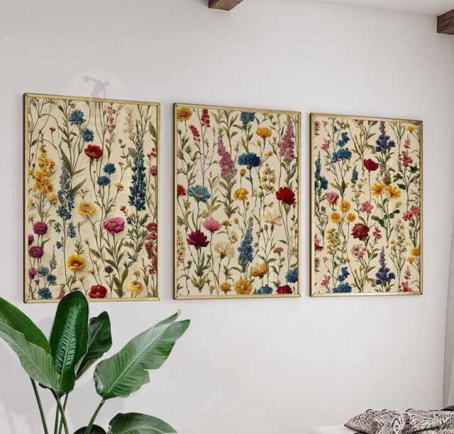 Colourful Wildflower Posters Set Of 3, Floral Botanical Wall Art Prints, Boho Nature Decor, Pressed Flower Art, Modern - image 1