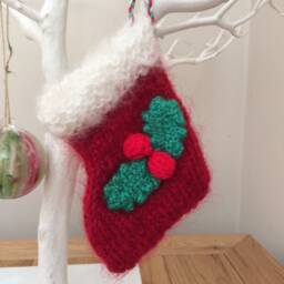 Hand Knitted Christmas Stocking Ornaments Holly Berry Tree Hangers - Set Of 2 - thumbnail 2