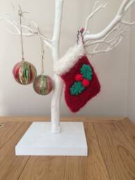 Christmas Stocking Ornaments Hand Knitted Holly Berry Tree Hangers - Set Of 2