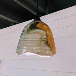 Handmade Rustic Modern Industrial Lighting Pendant - Unique Variated Wood Fired Ceramic Shade Copper Patina - thumbnail 3