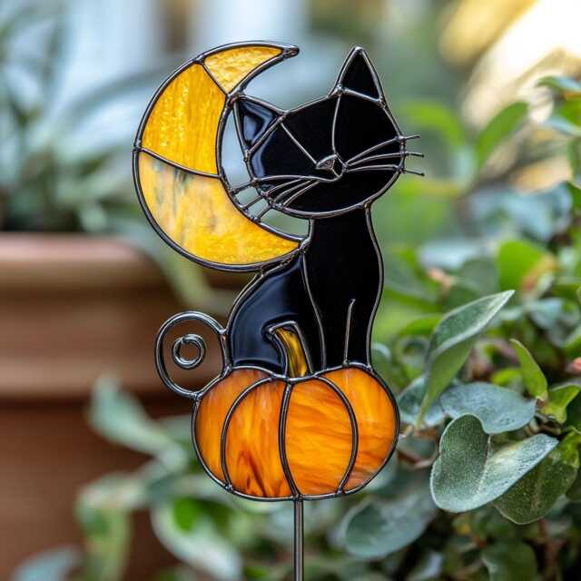 Black Cat & Moon Real Stained Glass Plant Stake, Halloween Pumpkin Garden Decorspooky Pot Decor For - image 1