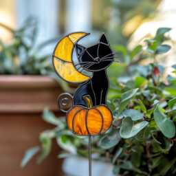 Black Cat & Moon Real Stained Glass Plant Stake, Halloween Pumpkin Garden Decorspooky Pot Decor For - thumbnail 4