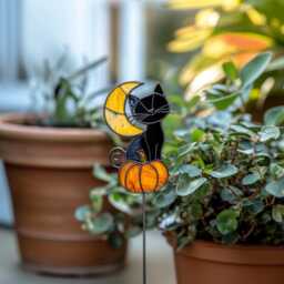 Black Cat & Moon Real Stained Glass Plant Stake, Halloween Pumpkin Garden Decorspooky Pot Decor For - thumbnail 3