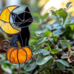 Black Cat & Moon Real Stained Glass Plant Stake, Halloween Pumpkin Garden Decorspooky Pot Decor For - thumbnail 2
