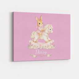 Personalised Pink Bunny Rabbit Rocking Horse Canvas Wall Art Custom Name & Colour Nursery Decor Baby Girl Bedroom Keepsake Gift - thumbnail 1