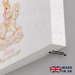 Personalised Pink Bunny Rabbit Rocking Horse Canvas Wall Art Custom Name & Colour Nursery Decor Baby Girl Bedroom Keepsake Gift - thumbnail 2