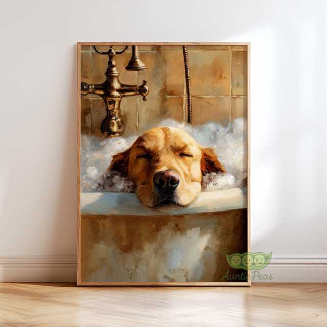 Golden Retriever Bubble Bath Wall Art Print, Dog Bathroom Cute Pet Poster, Whimsical Lover Gift, Relaxing Decor - image 1