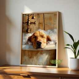 Golden Retriever Bubble Bath Wall Art Print, Dog Bathroom Cute Pet Poster, Whimsical Lover Gift, Relaxing Decor - thumbnail 3