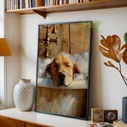 Golden Retriever Bubble Bath Wall Art Print, Dog Bathroom Cute Pet Poster, Whimsical Lover Gift, Relaxing Decor - thumbnail 2