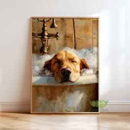 Golden Retriever Bubble Bath Wall Art Print, Dog Bathroom Cute Pet Poster, Whimsical Lover Gift, Relaxing Decor - thumbnail 1