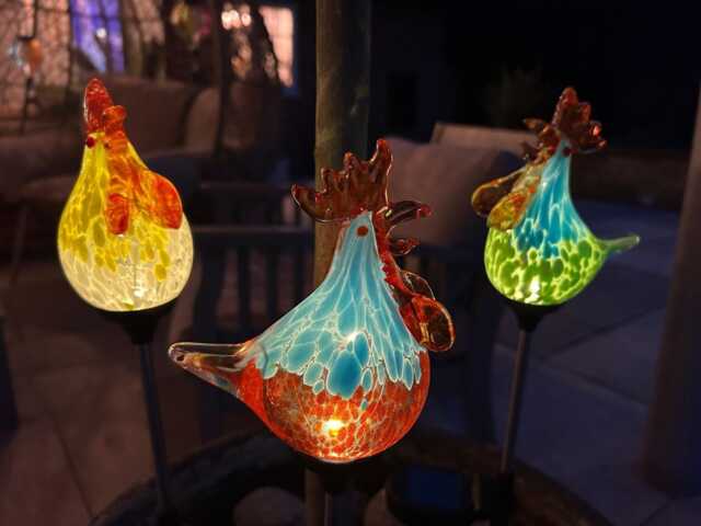 Set Of 3 Solar Chicken Cockerel Lights Colourful Glass Garden Decor Stakes Gift