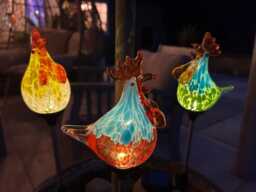 Set Of 3 Solar Chicken Cockerel Lights Colourful Glass Garden Decor Stakes Gift
