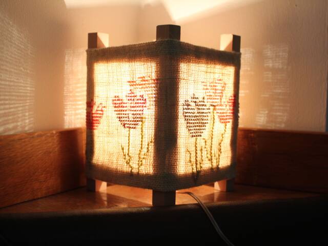 Rustic Table Lamp Desk Wood Lighting Handmade Wooden Beech Burlap Cover - image 1