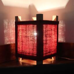 Rustic Table Lamp Desk Wood Lighting Handmade Wooden Beech Burlap Cover - thumbnail 2