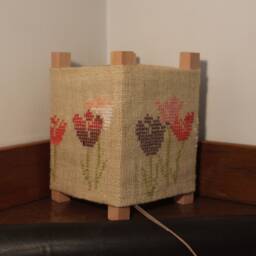 Rustic Table Lamp Desk Wood Lighting Handmade Wooden Beech Burlap Cover - thumbnail 4