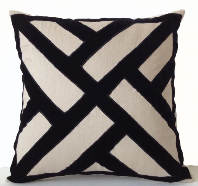 Gray Linen Black Velvet Applique Pillow Cover, Chippendale Geometric Throw Case, Covers - image 1