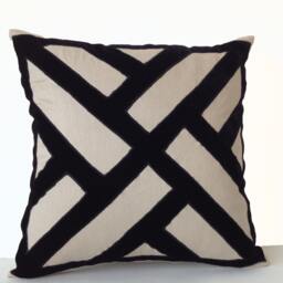 Gray Linen Black Velvet Applique Pillow Cover, Chippendale Geometric Throw Case, Covers - thumbnail 2