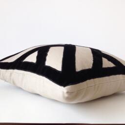 Gray Linen Black Velvet Applique Pillow Cover, Chippendale Geometric Throw Case, Covers - thumbnail 3