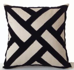 Gray Linen Black Velvet Applique Pillow Cover, Chippendale Geometric Throw Case, Covers - thumbnail 1