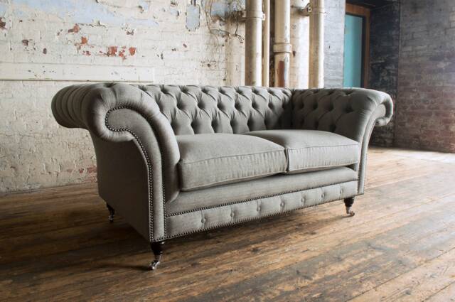 British Handmade 2 Seater - Warm Grey Herringbone Wool Chesterfield Sofa - image 1