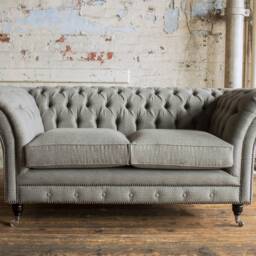 British Handmade 2 Seater - Warm Grey Herringbone Wool Chesterfield Sofa - thumbnail 2