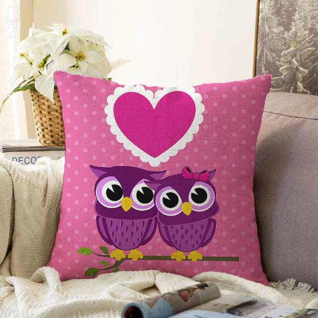 Pink Owl Couple Throw Pillow Cover - Chenille Fabric, Double Sided - image 1