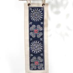 Hmong Hill Tribe Indigo Batik Tapestry - Long Boho Wall Hanging With Embroidered Textile Art - thumbnail 2