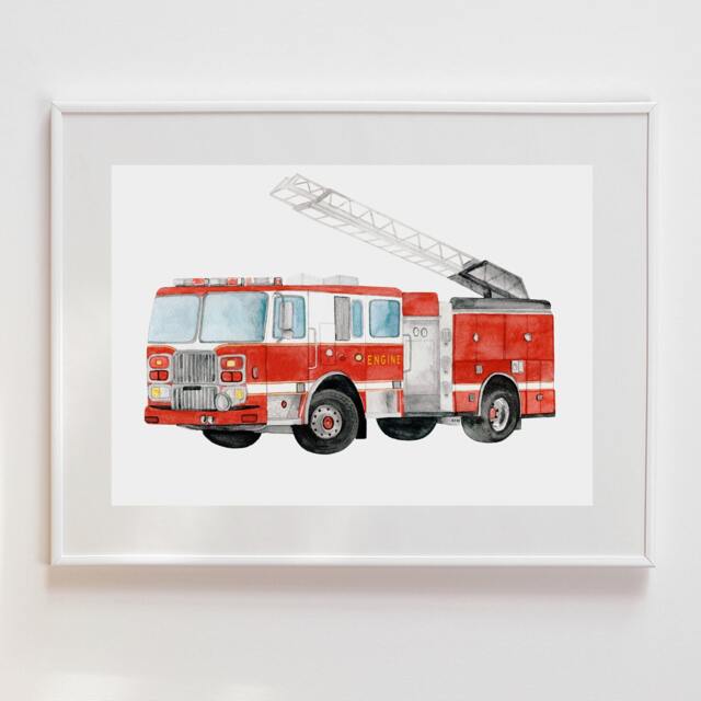 Watercolor Firetruck Print Emergency Vehicle Nursery Art - image 1