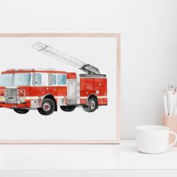 Watercolor Firetruck Print Emergency Vehicle Nursery Art - thumbnail 3