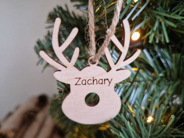 Mini Personalised Wooden Christmas Decorations, Reindeer Snowman Gingerbread Man Santa Hat & Star Kids Tree Ornaments, Rustic Wood Baubles - image 1