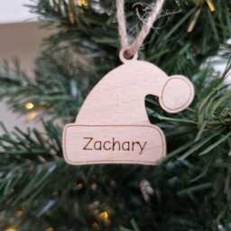 Mini Personalised Wooden Christmas Decorations, Reindeer Snowman Gingerbread Man Santa Hat & Star Kids Tree Ornaments, Rustic Wood Baubles - thumbnail 2