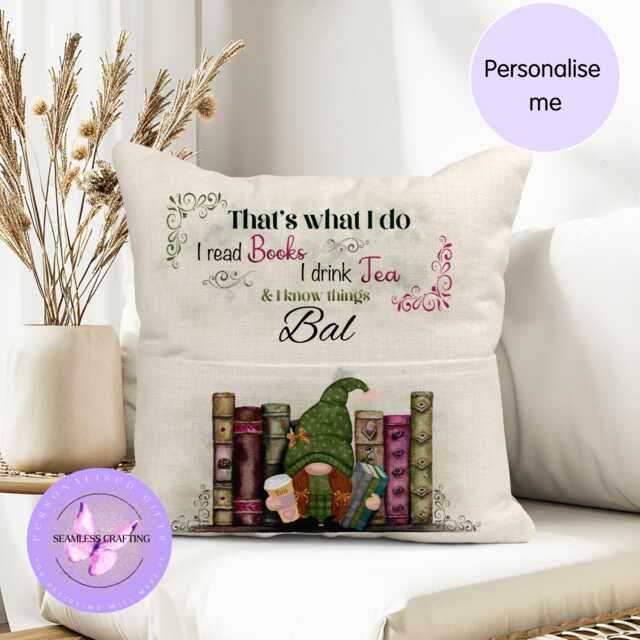 Personalised Gnome Pocket Reading Book Cushion, That's What I Do Cushion Gifts, Tea & Loving Reading Pillow, Bedroom Decor, Unique Cushion - image 1