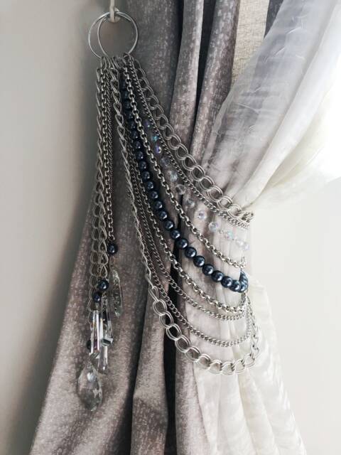 Multistrands Swarovski & Silver Chains Tieback, Crystals Glass Pearls Tie Back - image 1
