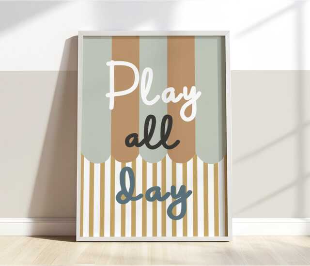 Play All Day Print in Mustard & Sage Green, Retro Stripey Pattern Boys Prints, Kids Bedroom Playroom, Scandi Nursery Decor - image 1