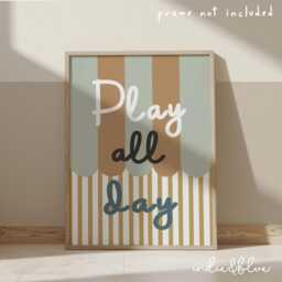 Play All Day Print in Mustard & Sage Green, Retro Stripey Pattern Boys Prints, Kids Bedroom Playroom, Scandi Nursery Decor - thumbnail 2
