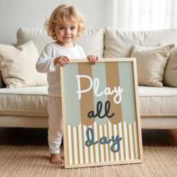 Play All Day Print in Mustard & Sage Green, Retro Stripey Pattern Boys Prints, Kids Bedroom Playroom, Scandi Nursery Decor - thumbnail 3