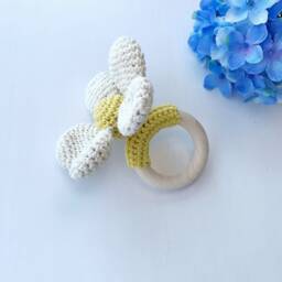 Crochet Flower Baby Rattle With Wooden Grip Ring Newborn Toy - thumbnail 3