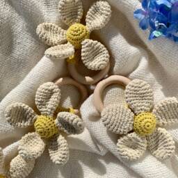 Crochet Flower Baby Rattle With Wooden Grip Ring Newborn Toy - thumbnail 4