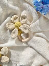 Crochet Flower Baby Rattle With Wooden Grip Ring Newborn Toy