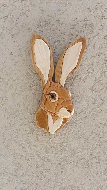 Intarsia Jack Rabbit Wood Art, Handmade Mosaic Wall Decor - 14x7 - image 1